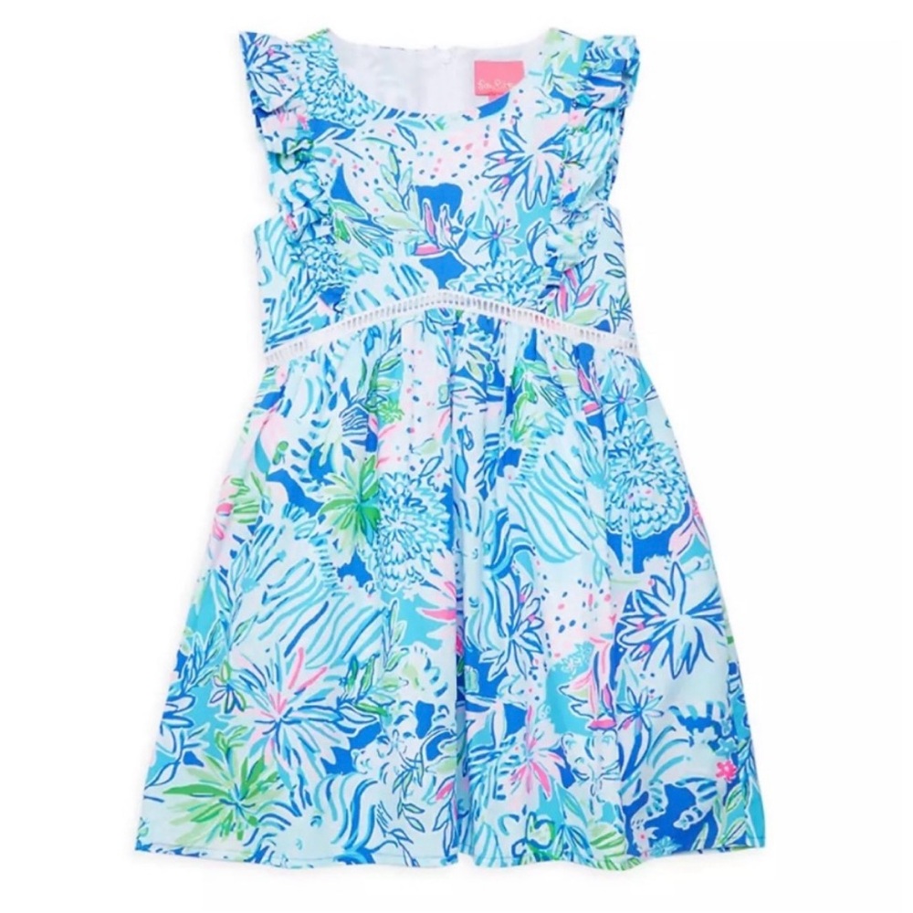 Lilly Pulitzer Madelina Floral Dress in Coastal Blue Lion Girls Size 5